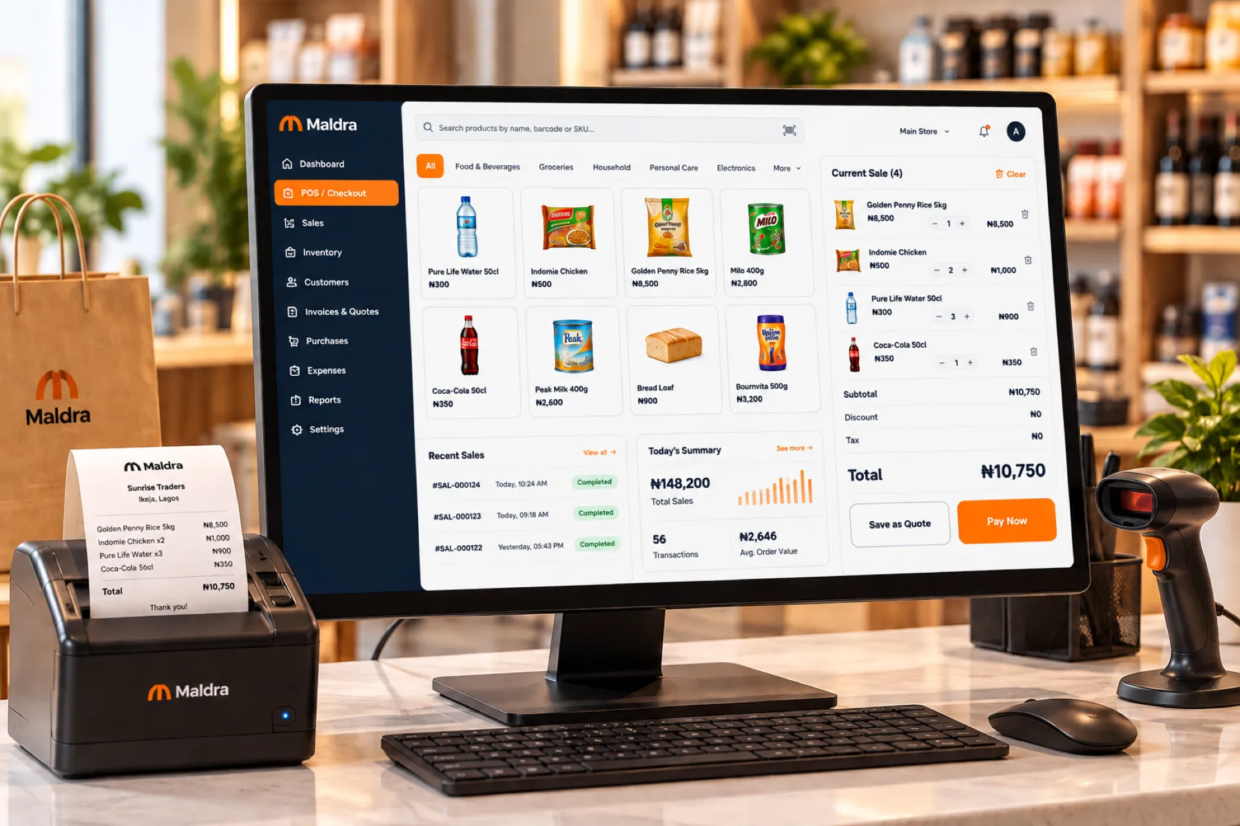 Maldra's Counter checkout running on a shop's desktop, with a thermal receipt printer and barcode scanner